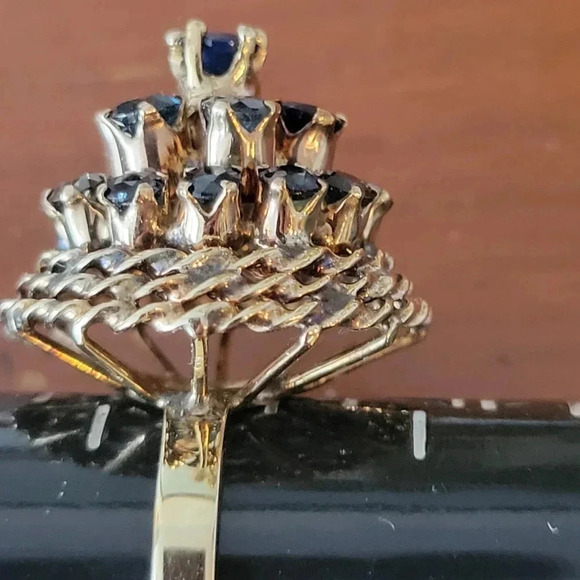 VINTAGE 14K YELLOW GOLD HAND MADE NATURAL SAPPHIRE RING BASKET DESIGN SIZE 7 3/4 - Picture 9 of 14